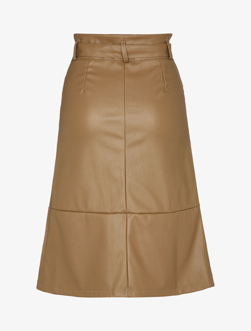 Jupe midi coupe trapèze en simili - Camel - 2
