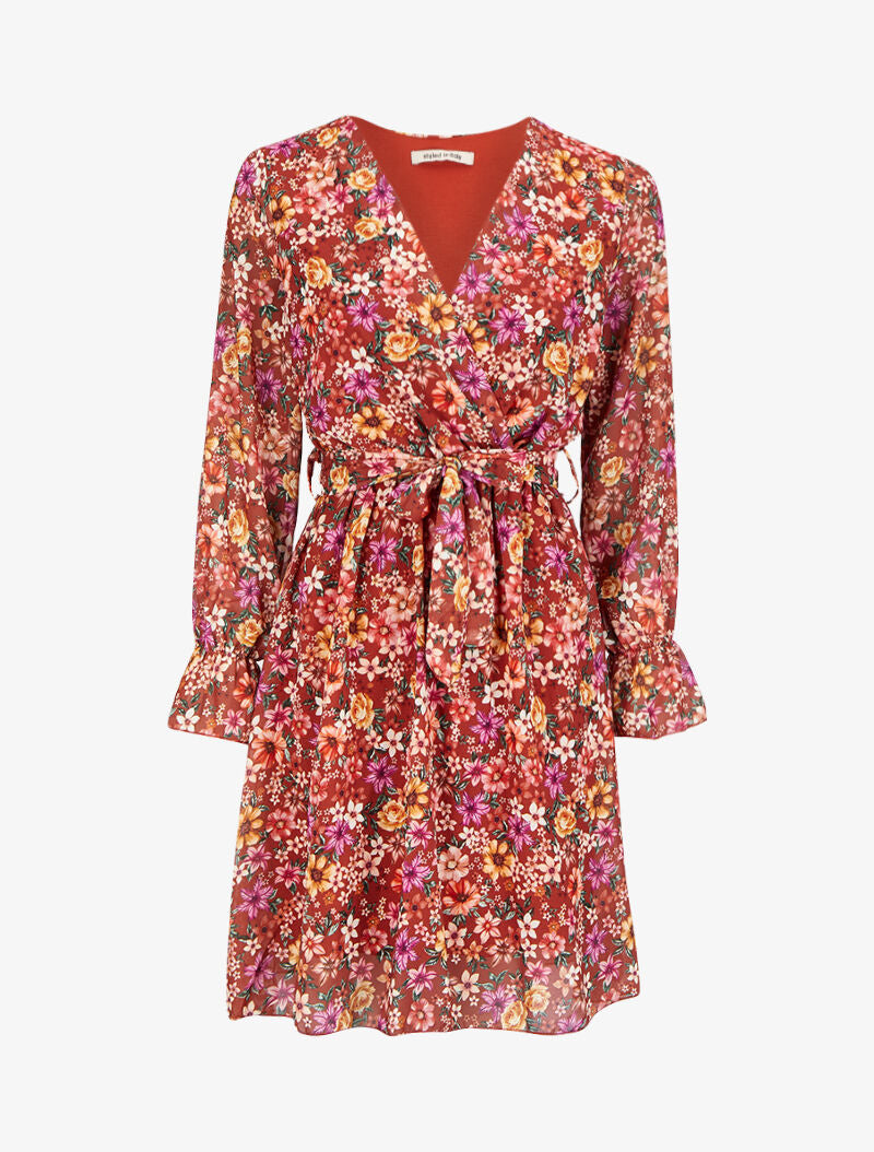 Robe imprimé multi fleurs à col cache-coeur et ceinture - Rouille - 1