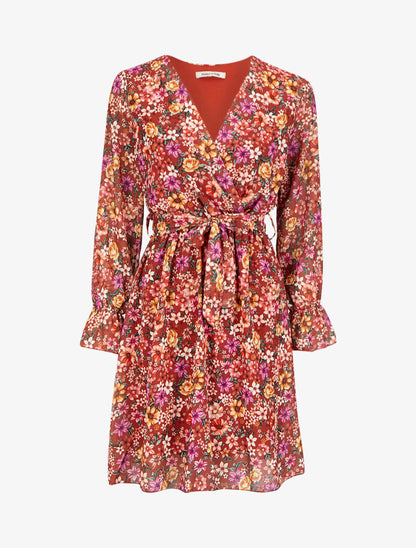 Robe imprimé multi fleurs à col cache-coeur et ceinture - Rouille - 1