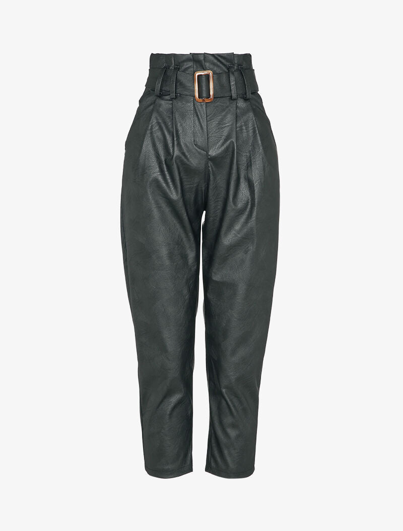 Pantalon carotte à taille empire froncée en simili - Noir - 1