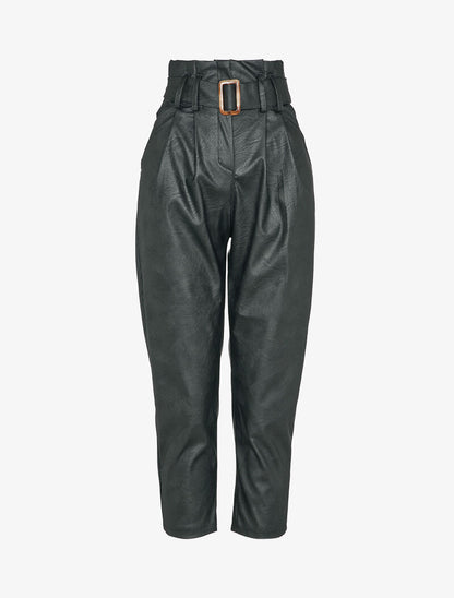 Pantalon carotte à taille empire froncée en simili - Noir - 1