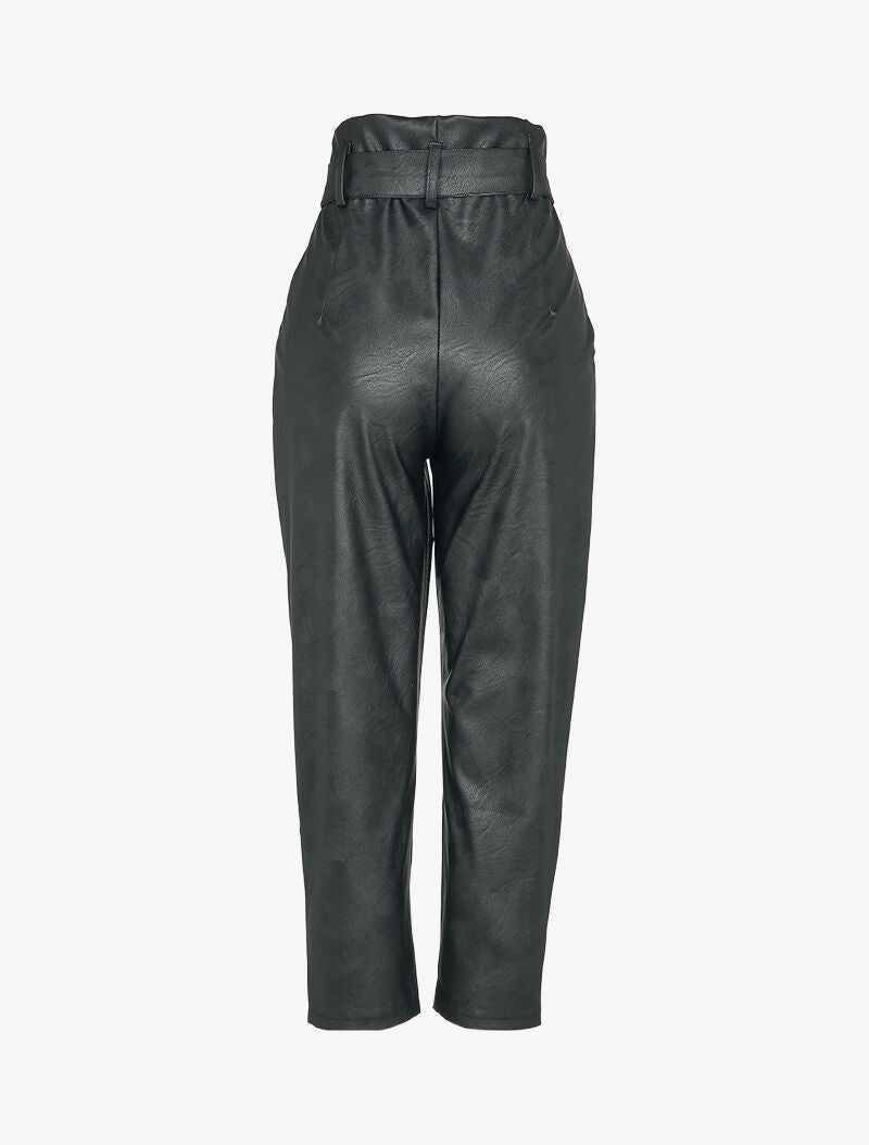 Pantalon carotte à taille empire froncée en simili - Noir - 2