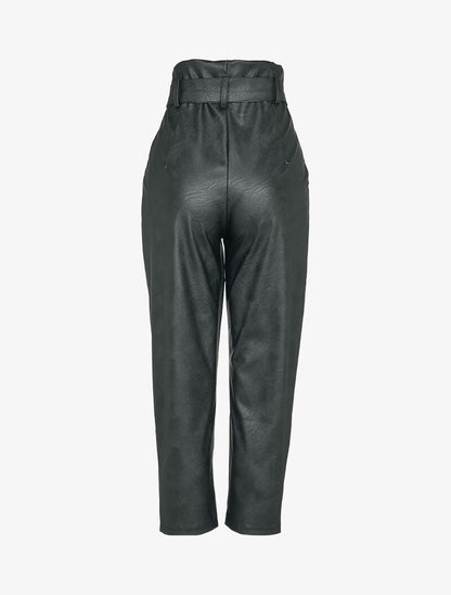Pantalon carotte à taille empire froncée en simili - Noir - 2
