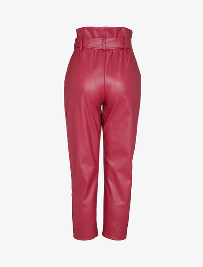 Pantalon carotte à taille empire froncée en simili - Rouge - 2