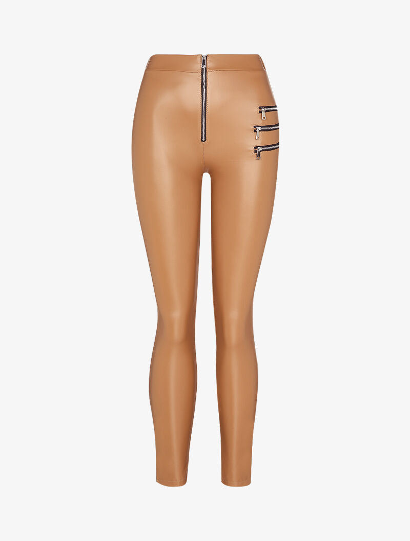 Pantalon slim en simili à triple zips décoratifs - Camel - 3