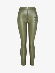 Pantalon slim en simili à triple zips décoratifs - Kaki - 3