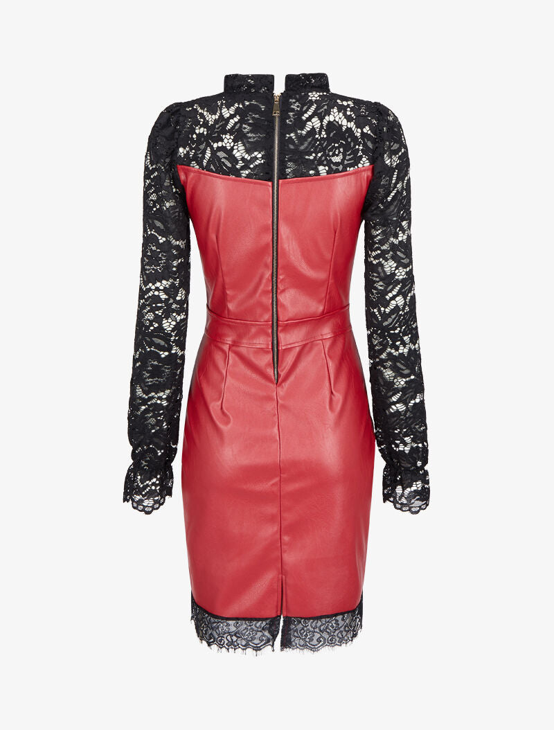Robe fourreau en simili et dentelle - Rouge - 2