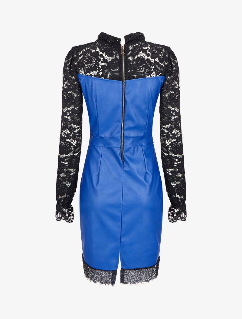 Robe fourreau en simili et dentelle - Bleu électrique - 2
