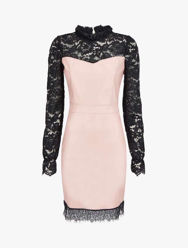 Robe fourreau en simili et dentelle - Rose pâle - 1