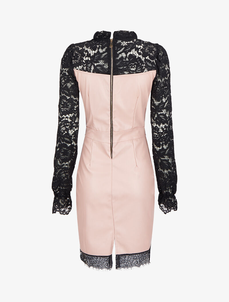 Robe fourreau en simili et dentelle - Rose pâle - 2