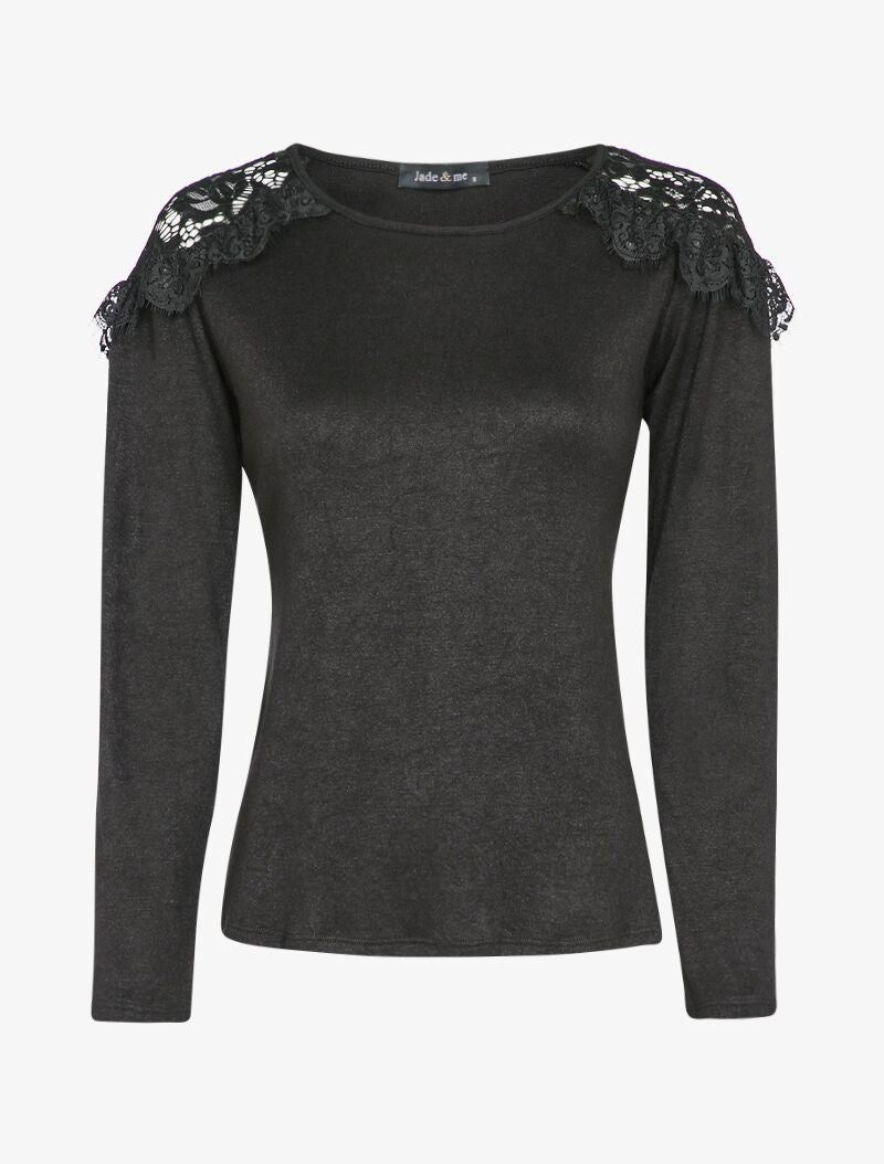 Pull fin à épaules en dentelle volantées - Noir - 4