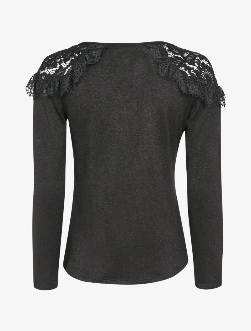 Pull fin à épaules en dentelle volantées - Noir - 2