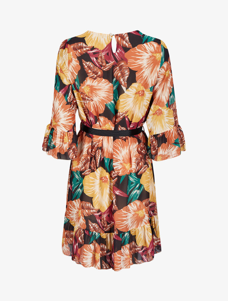 Robe imprimé fleurs tropicales à manches et bords volantés - Noir - 2