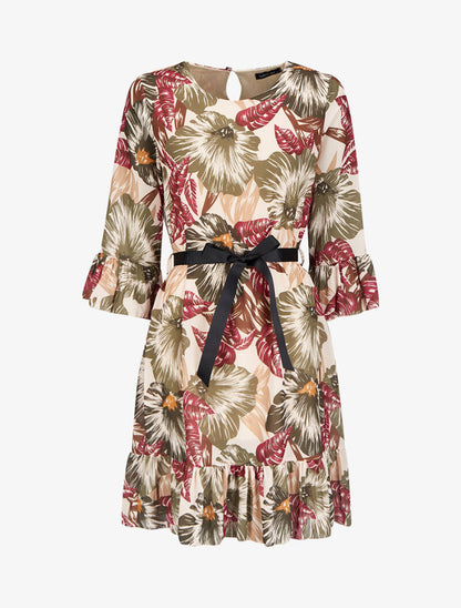Robe imprimé fleurs tropicales à manches et bords volantés - Vert - 1