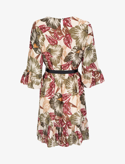 Robe imprimé fleurs tropicales à manches et bords volantés - Vert - 2