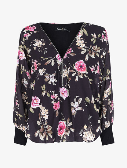 Top imprimé floral à fermeture stylisée - Noir - 4
