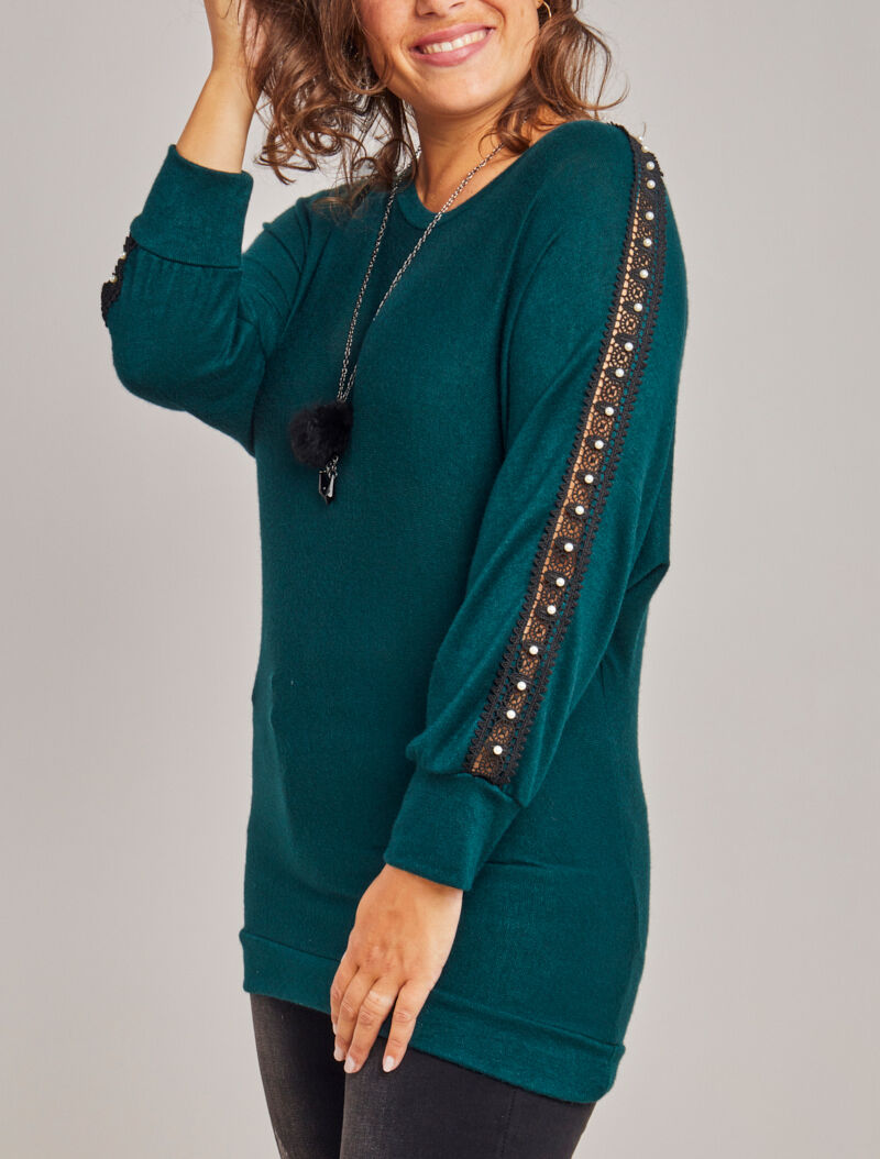 Tunique à empiècements dentelle et perles - Vert - 4