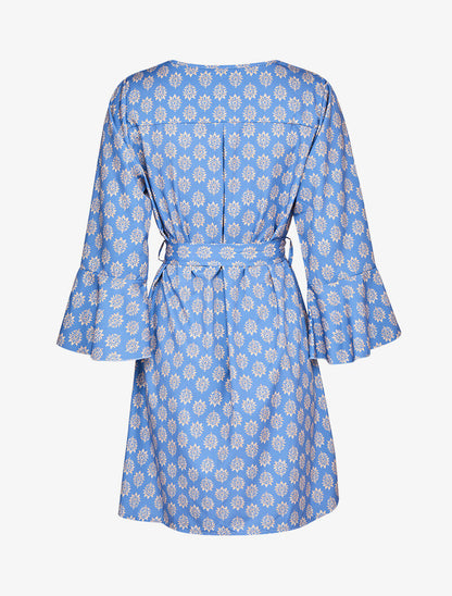 Robe imprimé fleurs graphiques à manches trompettes volantées - Bleu ciel - 2