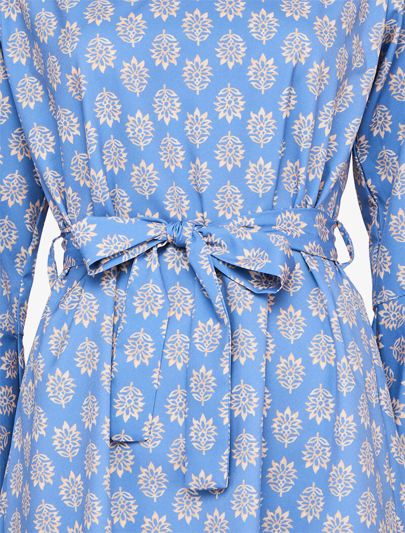 Robe imprimé fleurs graphiques à manches trompettes volantées - Bleu ciel - 3