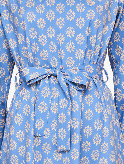 Robe imprimé fleurs graphiques à manches trompettes volantées - Bleu ciel - 3