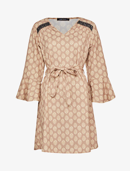 Robe imprimé fleurs graphiques à manches trompettes volantées - Beige - 1