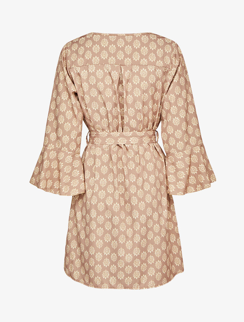Robe imprimé fleurs graphiques à manches trompettes volantées - Beige - 2