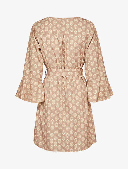 Robe imprimé fleurs graphiques à manches trompettes volantées - Beige - 2