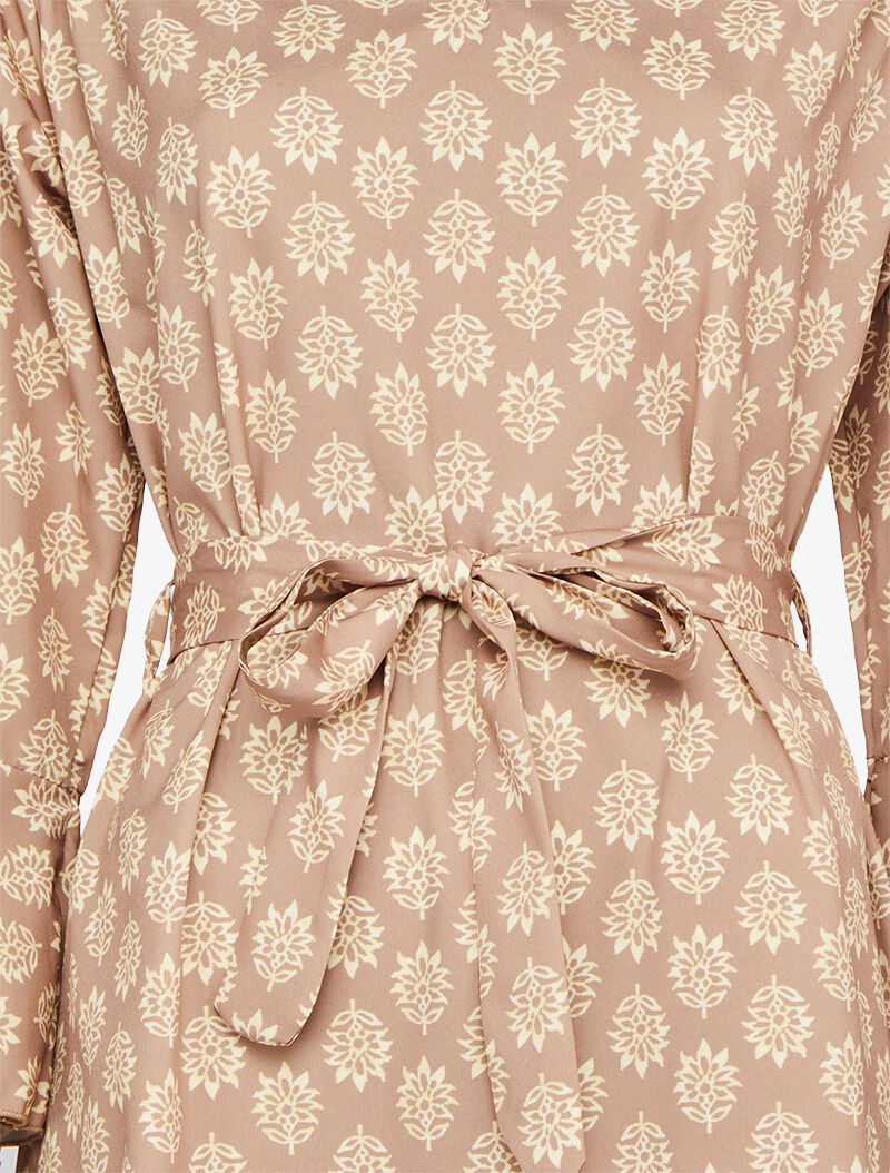 Robe imprimé fleurs graphiques à manches trompettes volantées - Beige - 3