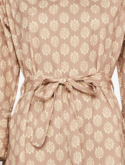 Robe imprimé fleurs graphiques à manches trompettes volantées - Beige - 3