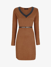 Robe pull à col V satiné - Camel - 4