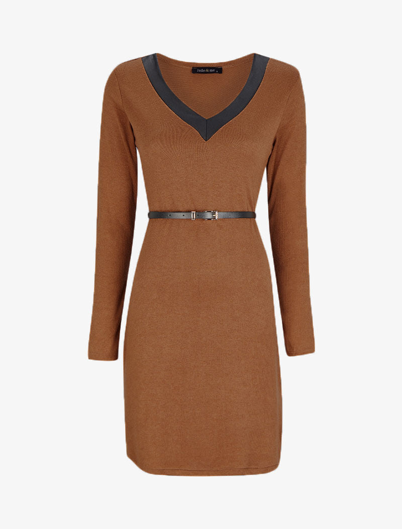 Robe pull à col V satiné - Camel - 4