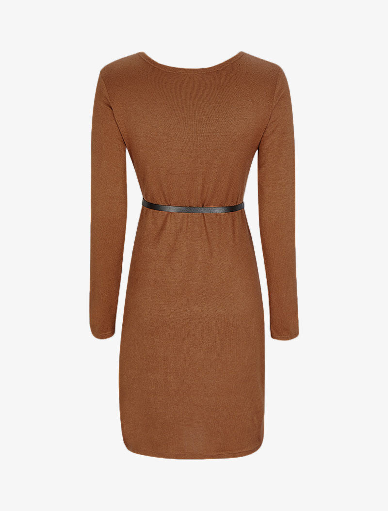 Robe pull à col V satiné - Camel - 2