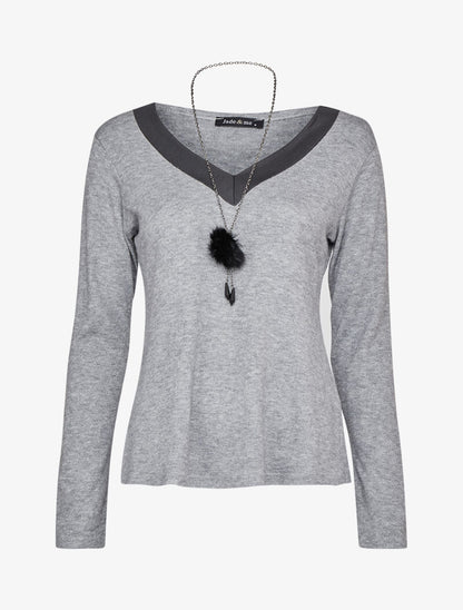 Pull doux à col V soyeux - Gris chiné - 4