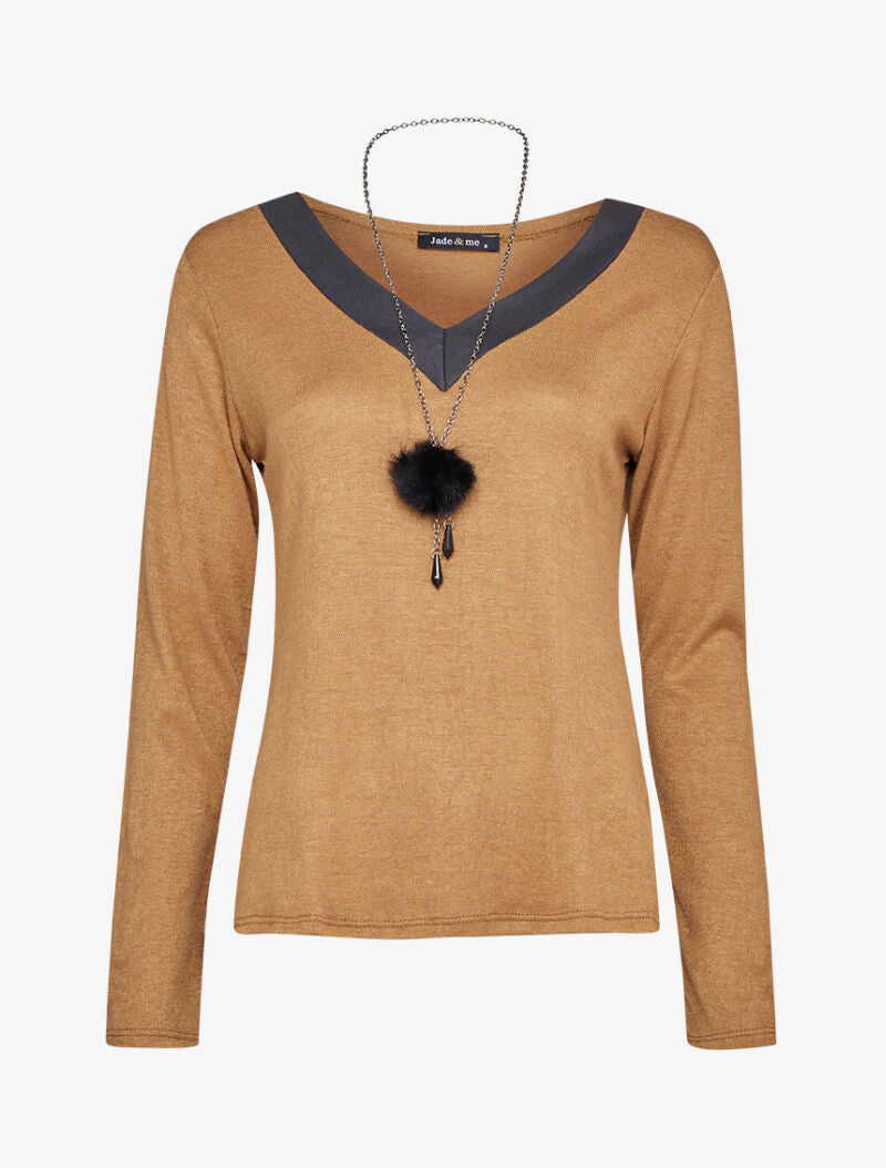 Pull doux à col V soyeux - Camel - 1
