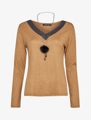 Pull doux à col V soyeux - Camel - 1