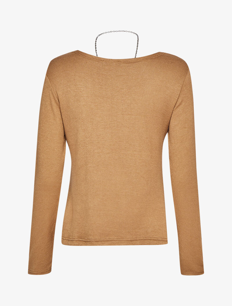 Pull doux à col V soyeux - Camel - 2