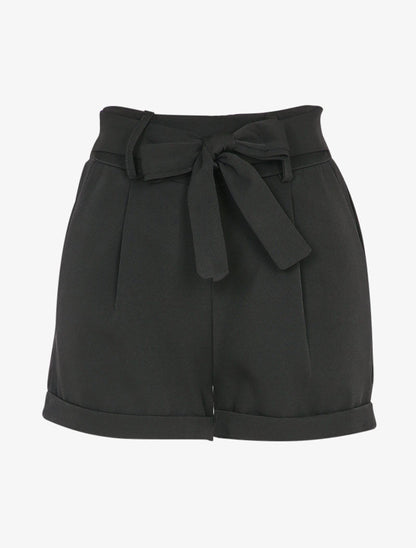 Short taille haute à revers et ceinture à nouer - Noir - 1