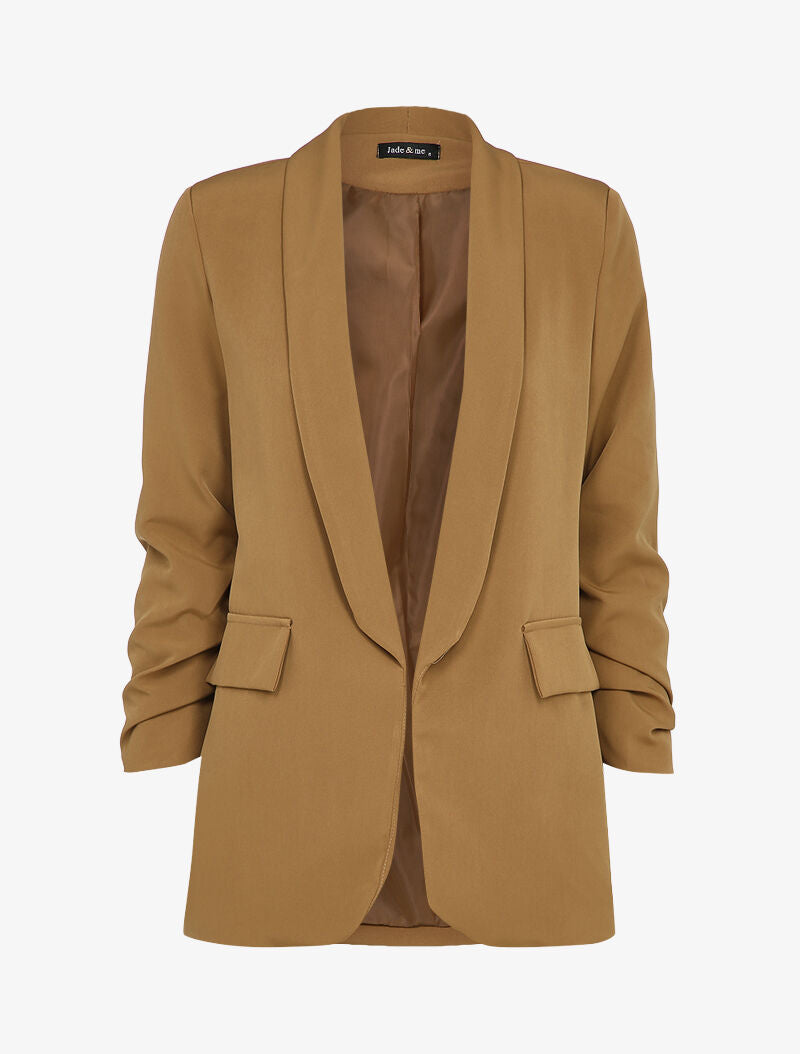 Blazer oversize à manches 3/4 froncées - Camel - 1