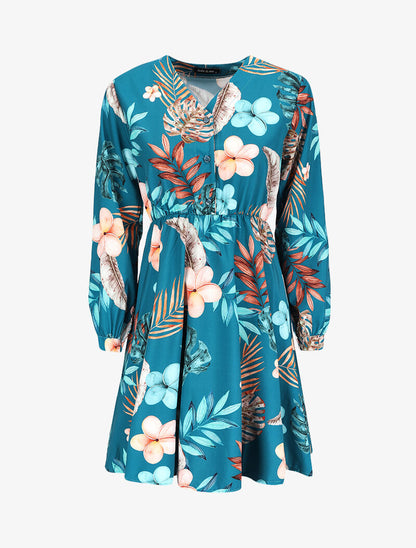 Robe patineuse satinée à imprimé fleurs de Tiaré - Bleu canard - 1