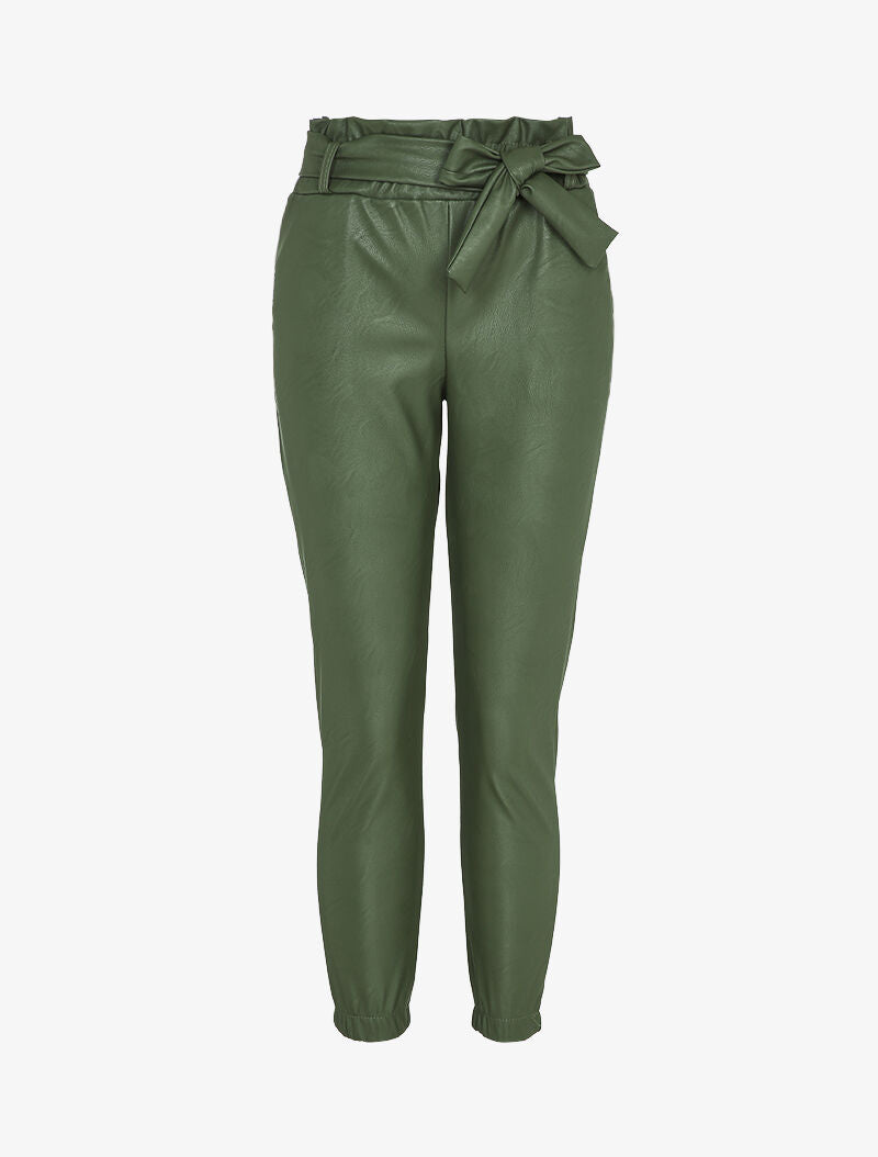 Pantalon en simili à taille haute froncée et chevilles élastiquées - Kaki - 3