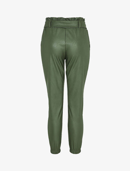 Pantalon en simili à taille haute froncée et chevilles élastiquées - Kaki - 2