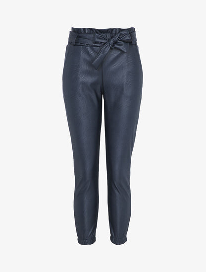 Pantalon en simili à taille haute froncée et chevilles élastiquées - Marine - 1