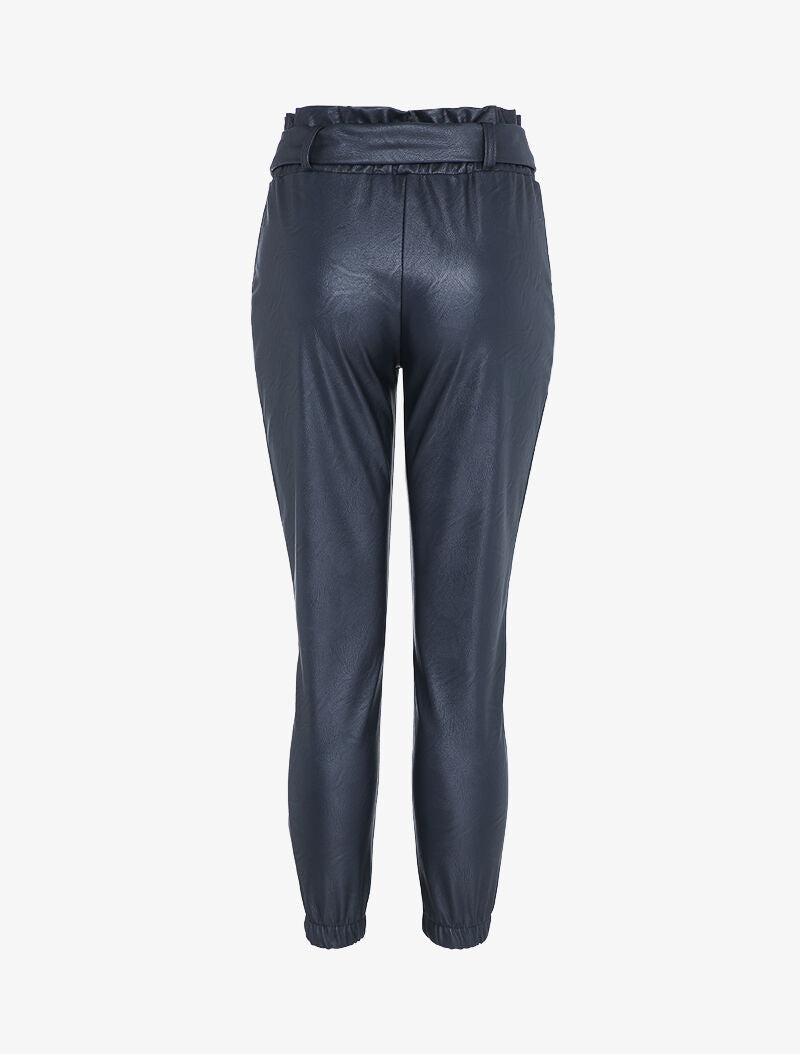 Pantalon en simili à taille haute froncée et chevilles élastiquées - Marine - 2