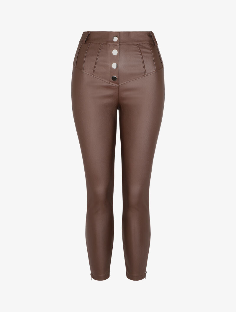 Pantalon taille haute enduit à coutures contrastantes - Marron - 1