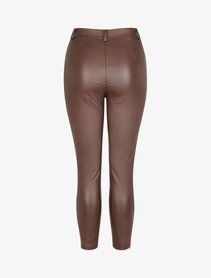 Pantalon taille haute enduit à coutures contrastantes - Marron - 2