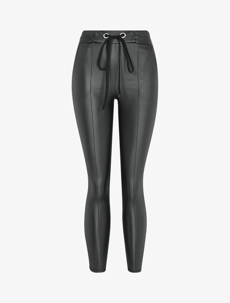 Pantalon ciré coupe slim à coutures contrastantes - Noir - 1