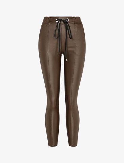 Pantalon ciré coupe slim à coutures contrastantes - Marron - 3