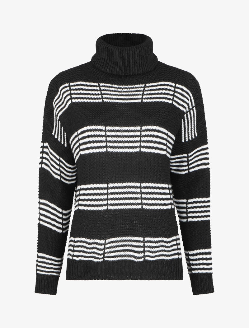 Pull à col roulé et rayures stylisées - Noir - 4