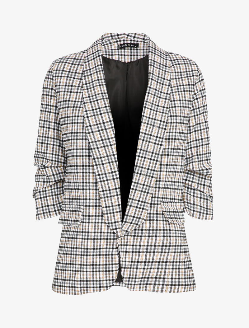 Blazer imprimé petits carreaux à manches 3/4 froncée - Noir/beige - 4