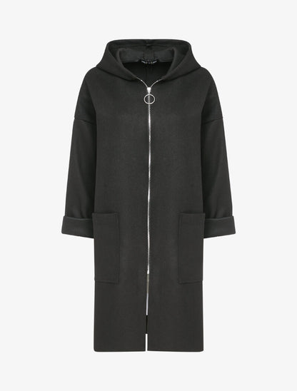 Manteau mi-long à capuche et manches à revers - Noir - 1
